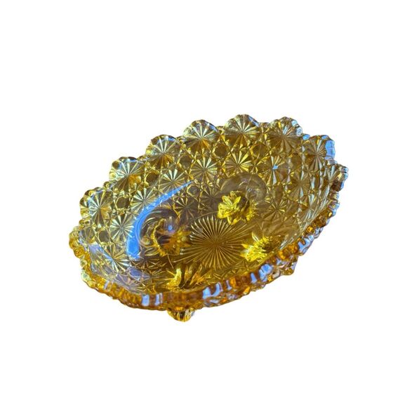 Vintage LG Wright Fenton Daisy & Buttons Amber Glass Footed Oval Dish Bowl 5” - Picture 6 of 9